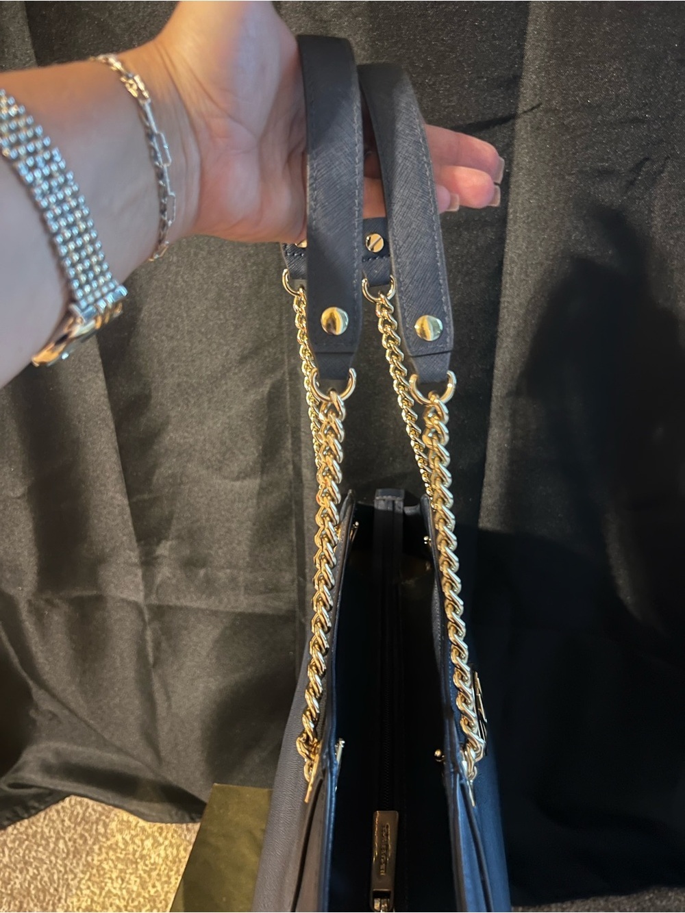 Michael Kors Navy Saffiano Leather Shoulder Tote with Gold Hardware - Picture 6 of 16